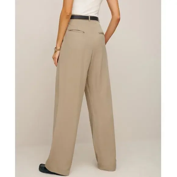 Reformation Mason High Waisted Wide Leg Trouser Pants in Khaki